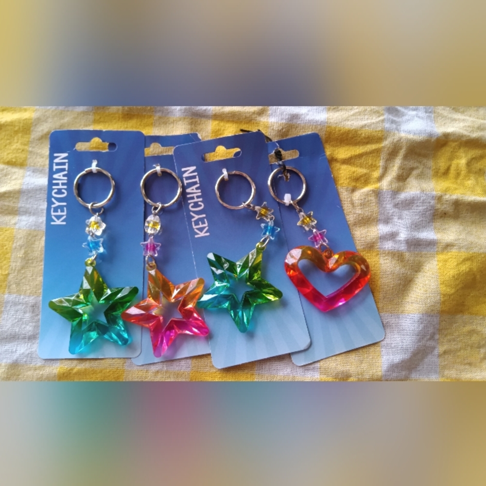 Iridescent Star & Heart Acrylic Keychain Set - Teal, Pink, Orange, Green